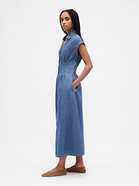 Denim Roll-Cuff Midi Shirtdress