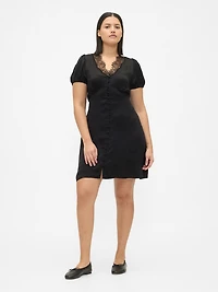 Satin Lace-Trim V-Neck Mini Dress