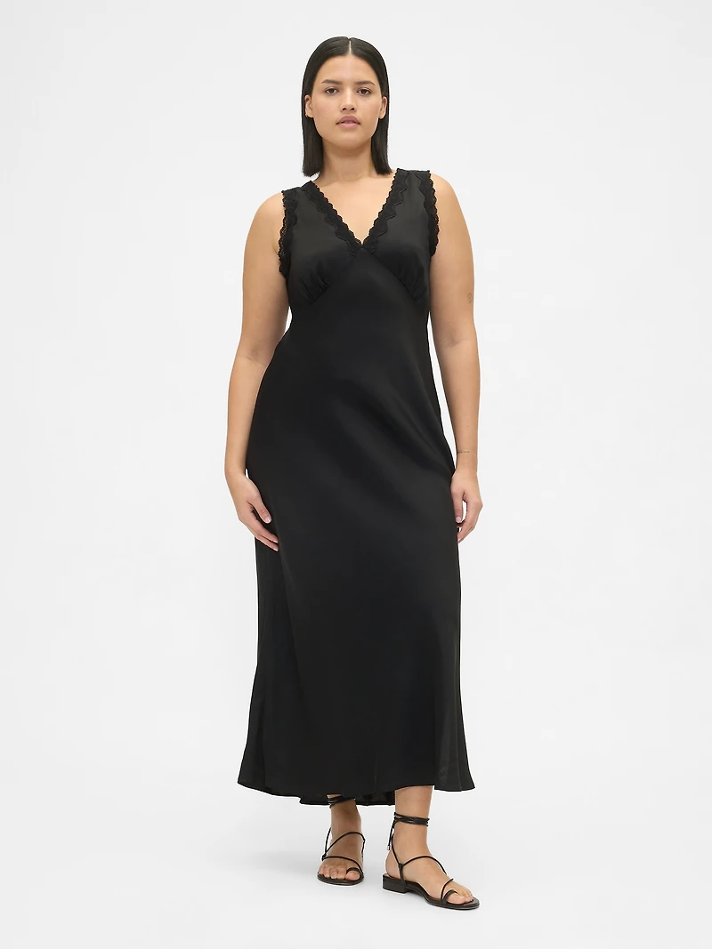Satin Lace-Trim V-Neck Maxi Slip Dress