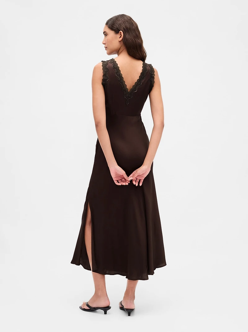 Satin Lace-Trim V-Neck Maxi Slip Dress