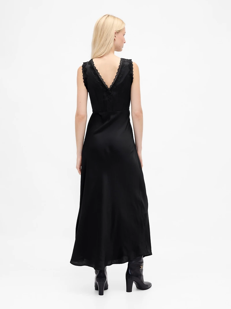 Satin Lace-Trim V-Neck Maxi Slip Dress