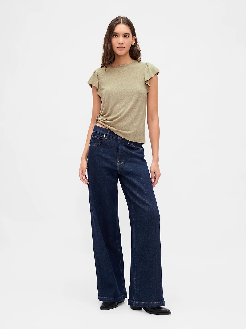 Linen-Blend Flutter-Sleeve T-Shirt