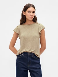 Linen-Blend Flutter-Sleeve T-Shirt