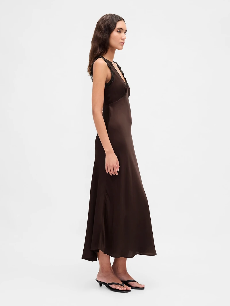 Satin Lace-Trim V-Neck Maxi Slip Dress