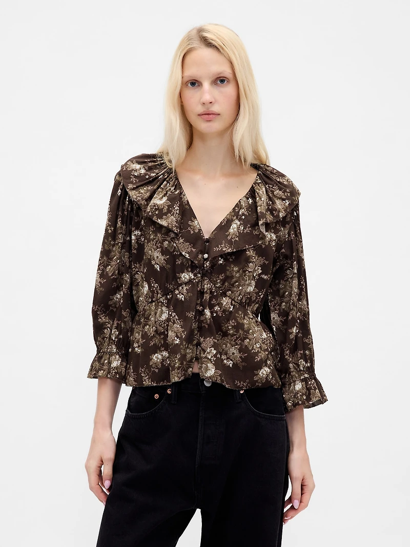 Ruffle Collar V-Neck Top