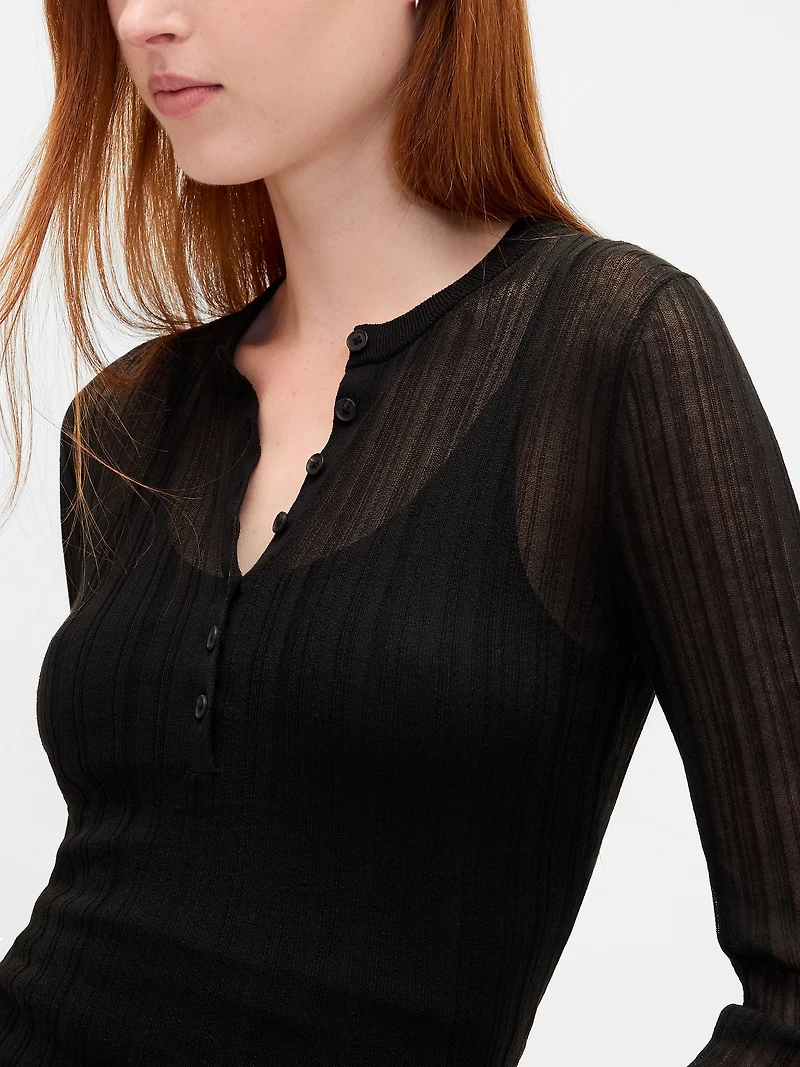 Sheer Rib Henley Sweater
