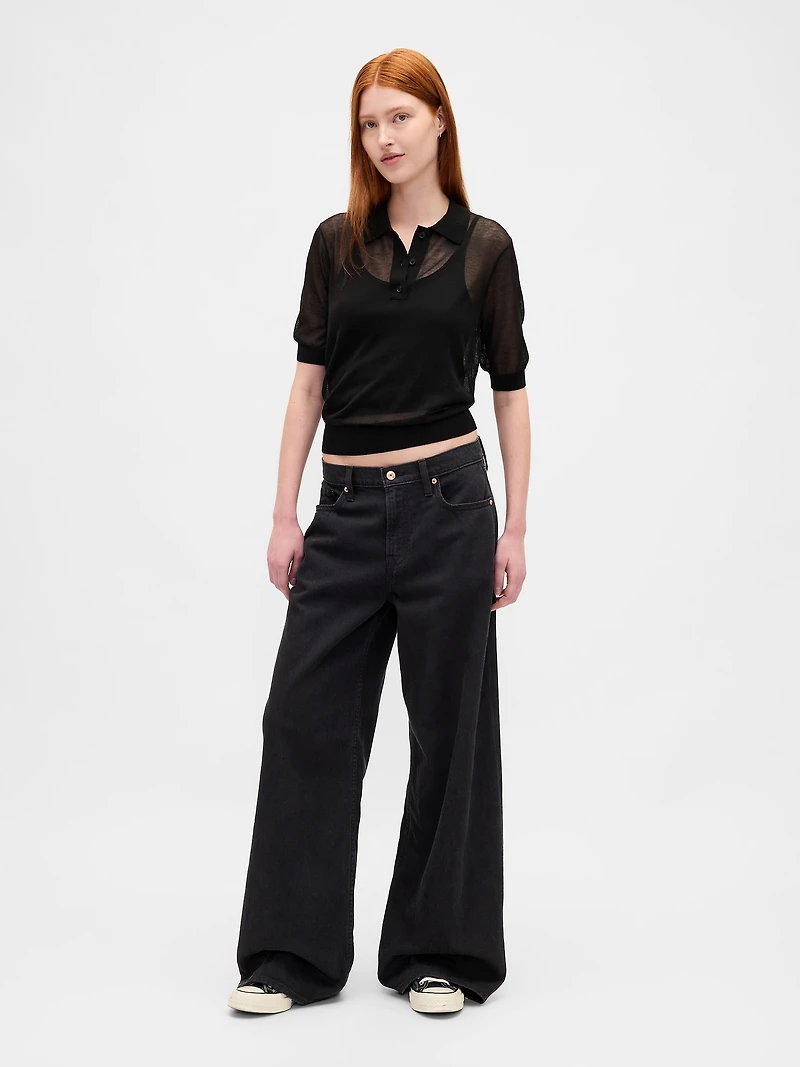 Sheer Crop Polo Sweater