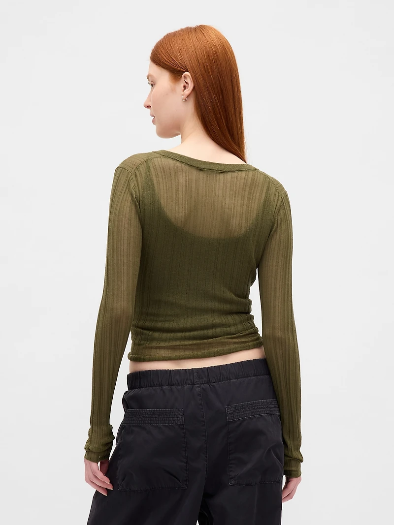 Sheer Rib Henley Sweater