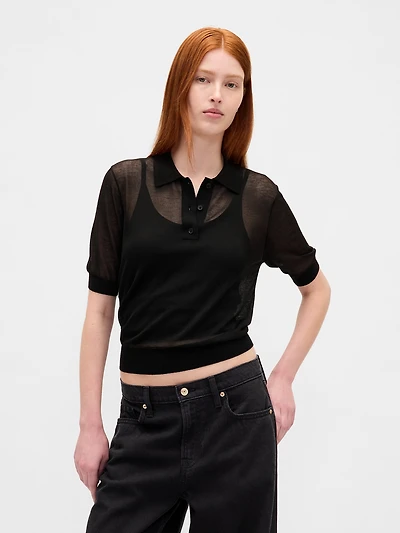 Sheer Crop Polo Sweater