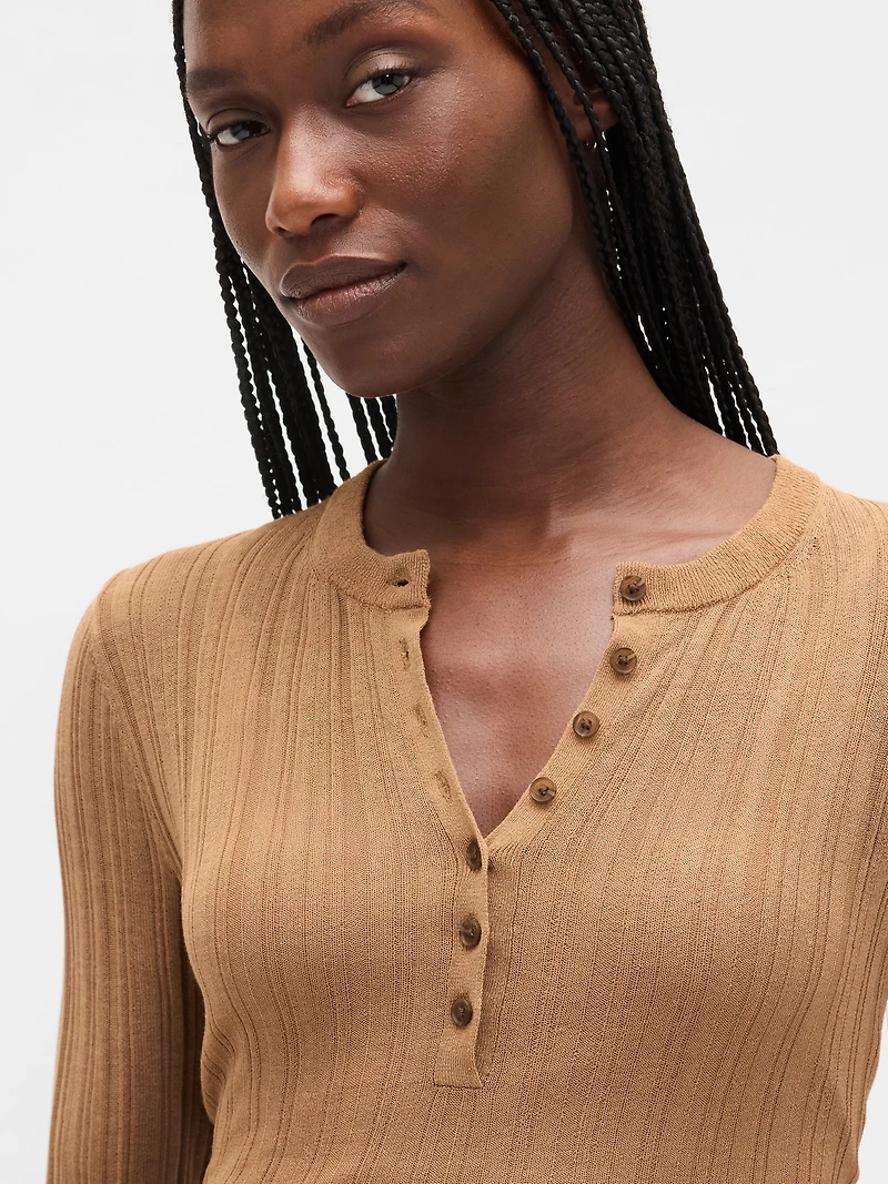 Sheer Rib Henley Sweater