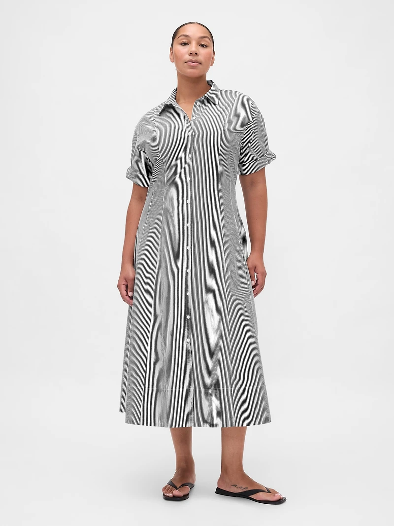 Poplin Roll-Cuff Midi Shirtdress