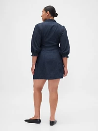 Denim Puff-Sleeve Seamed Mini Dress
