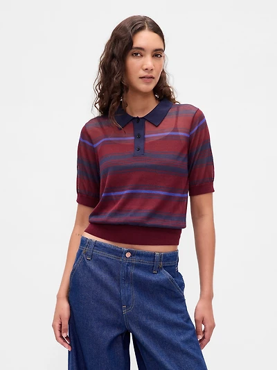 Sheer Crop Polo Sweater