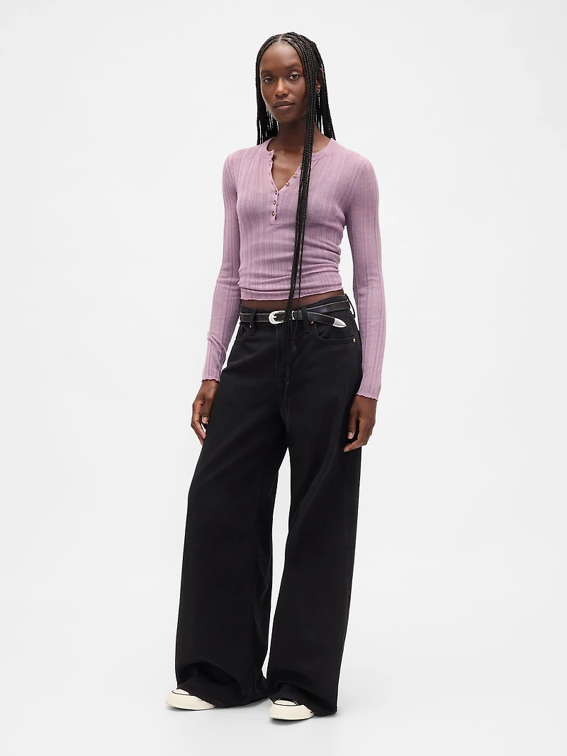 Sheer Rib Henley Sweater