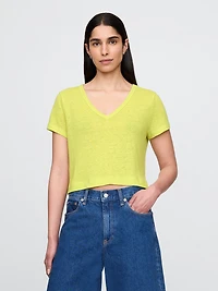 Linen-Blend V-Neck Crop T-Shirt