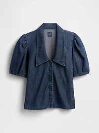 Denim Puff-Sleeve Collared Shirt
