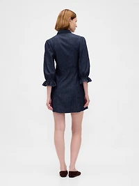 Denim Puff-Sleeve Seamed Mini Dress