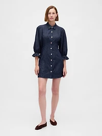 Denim Puff-Sleeve Seamed Mini Dress
