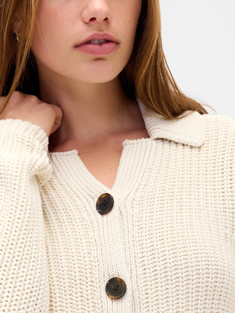 100% Cotton Collared Crop Cardigan Sweater