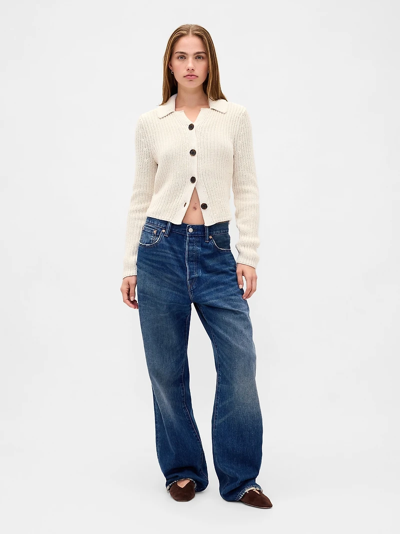 100% Cotton Collared Crop Cardigan Sweater