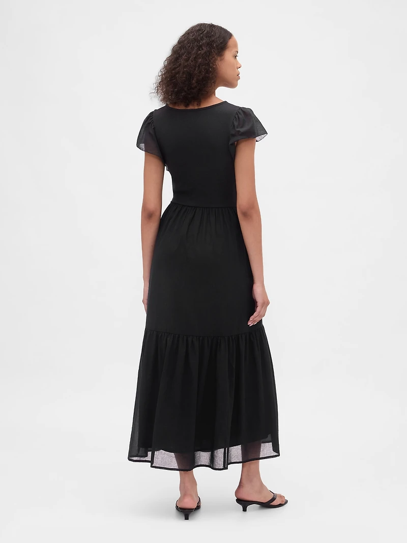Modern Mixed Media Ruffle Maxi Dress