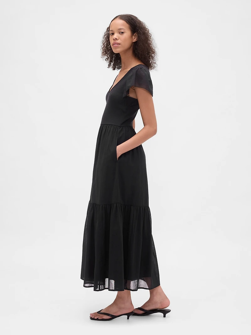 Modern Mixed Media Ruffle Maxi Dress