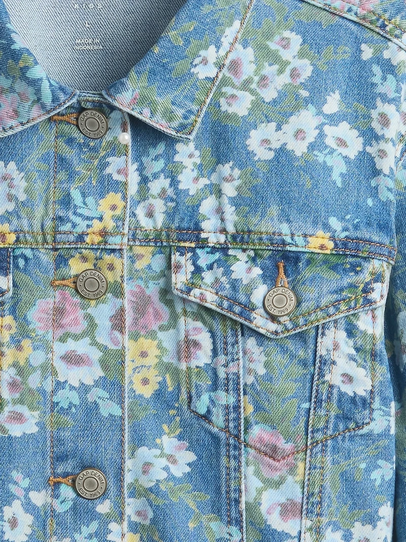 Kids Balloon-Sleeve Floral Denim Jacket