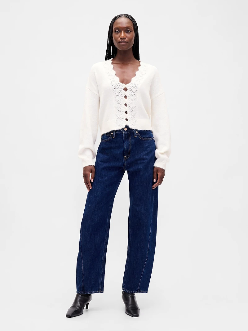 Fuzzy Pointelle Scalloped Crop Cardigan