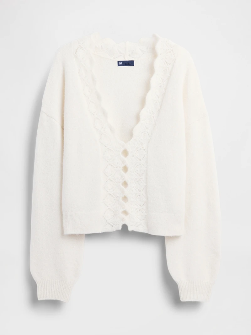Fuzzy Pointelle Scalloped Crop Cardigan