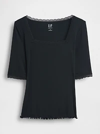 Modal Rib Lace-Trim Square-Neck T-Shirt