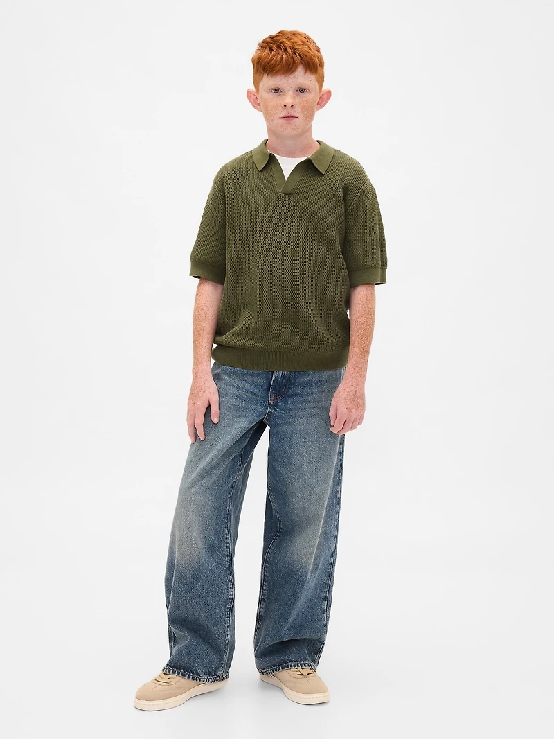 Kids Johnny-Collar Waffle Shirt