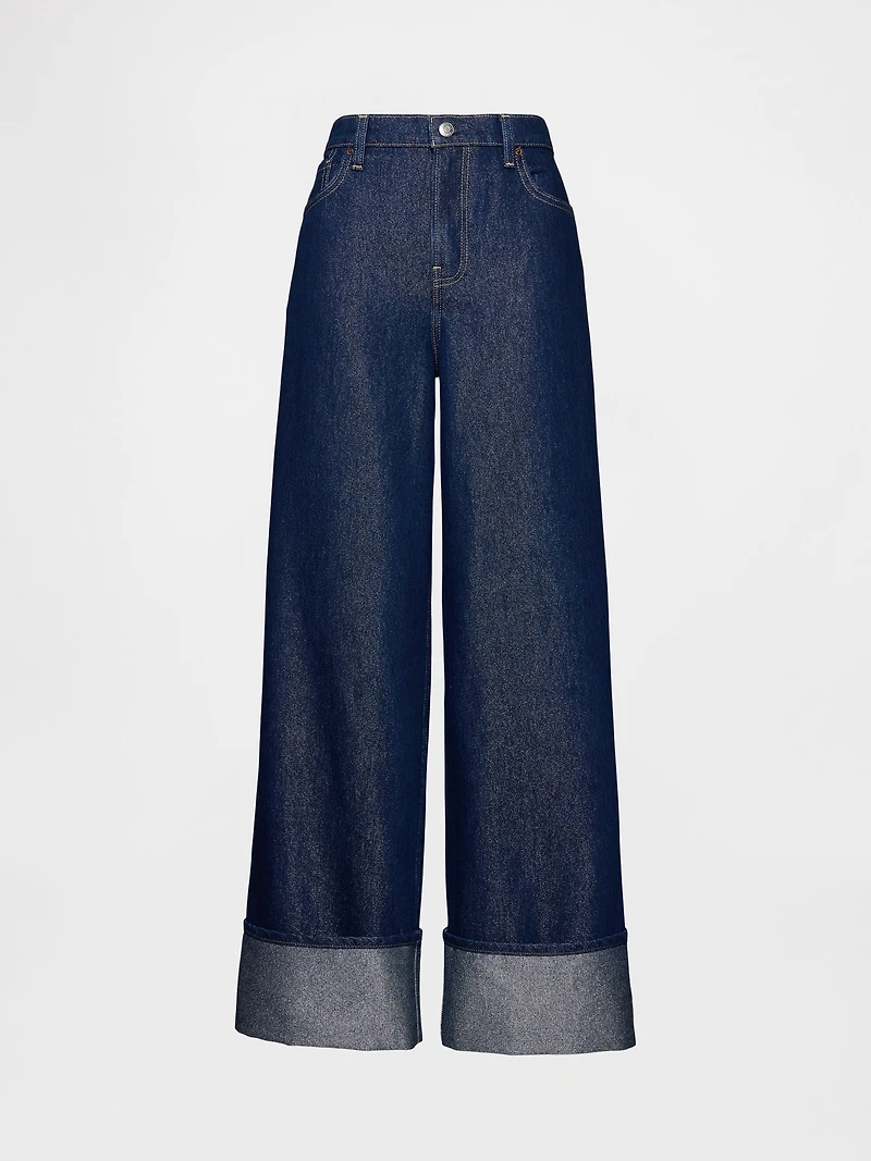 Mid Rise Metallic Cuffed Baggy Jeans