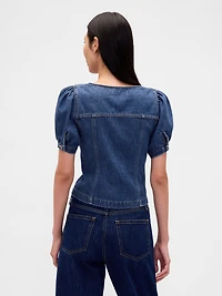 Denim Puff-Sleeve Seamed Top