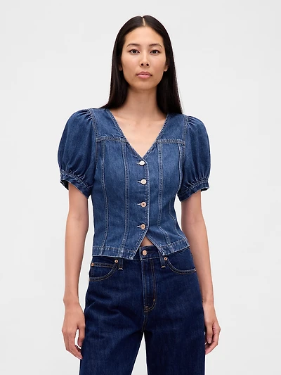 Denim Puff-Sleeve Seamed Top