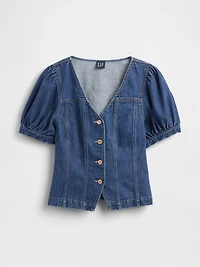 Denim Puff-Sleeve Seamed Top