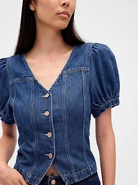 Denim Puff-Sleeve Seamed Top