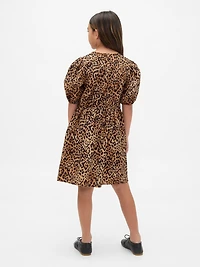 Kids Poplin Puff-Sleeve Leopard Dress