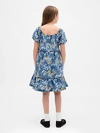 Kids Denim Puff-Sleeve Floral Dress
