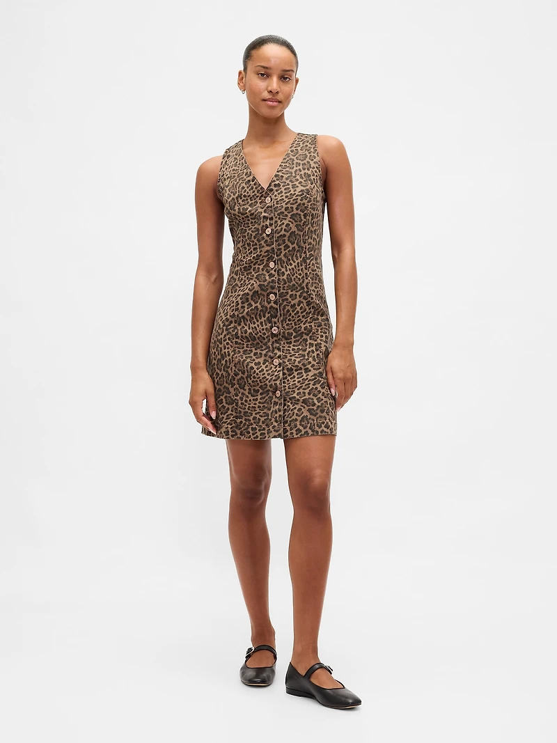 Leopard Denim V-Neck Mini Dress
