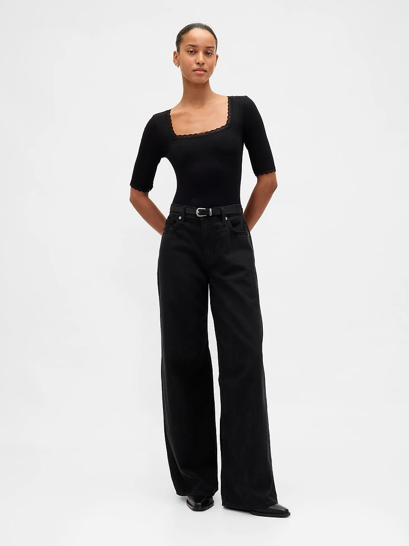 Modal Rib Lace-Trim Square-Neck T-Shirt
