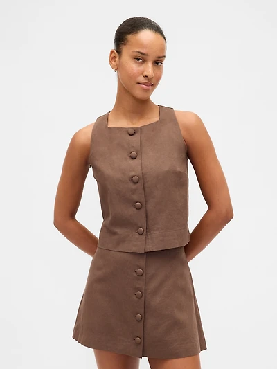 Linen-Blend Button-Front Shell Top