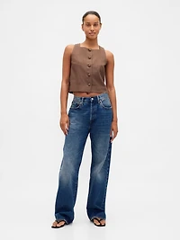 Linen-Blend Button-Front Shell Top