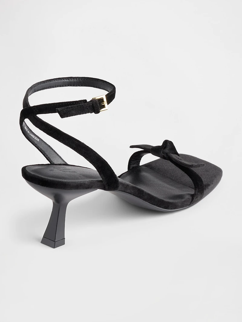 Velvet Bow Open-Toe Strappy Kitten Heels