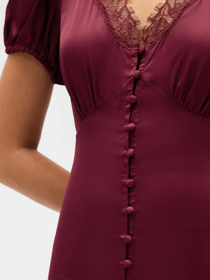 Satin Lace-Trim V-Neck Mini Dress