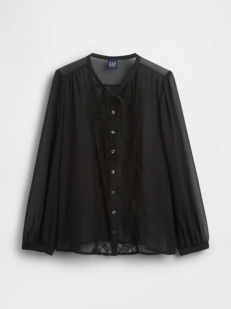 Sheer Recycled Lace Inset Tie-Neck Top