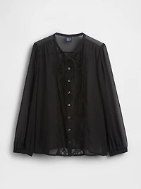 Sheer Recycled Lace Inset Tie-Neck Top