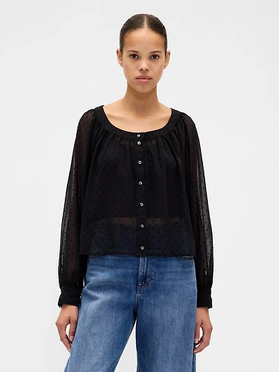 Recycled Sheer Button-Front Top