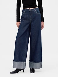 Mid Rise Metallic Cuffed Baggy Jeans