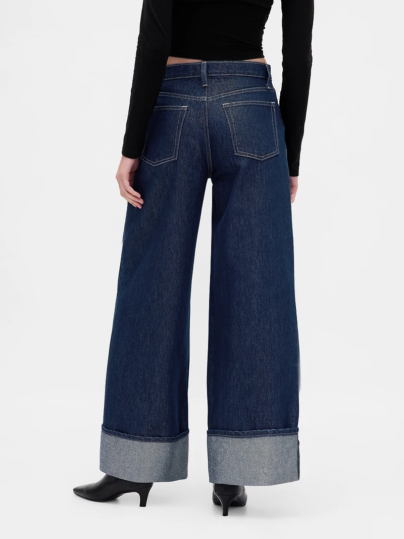 Mid Rise Metallic Cuffed Baggy Jeans