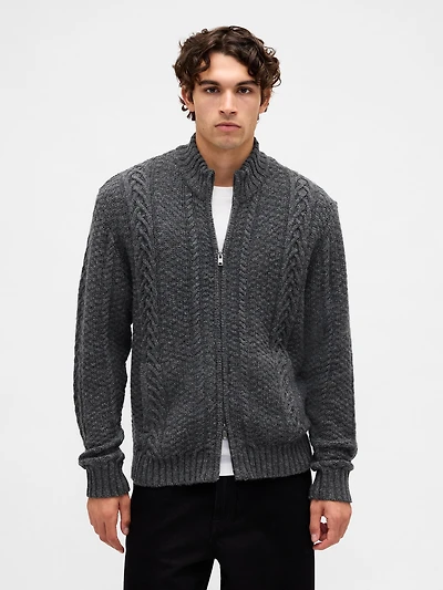 Wool-Blend Cable-Knit Zip Cardigan Sweater